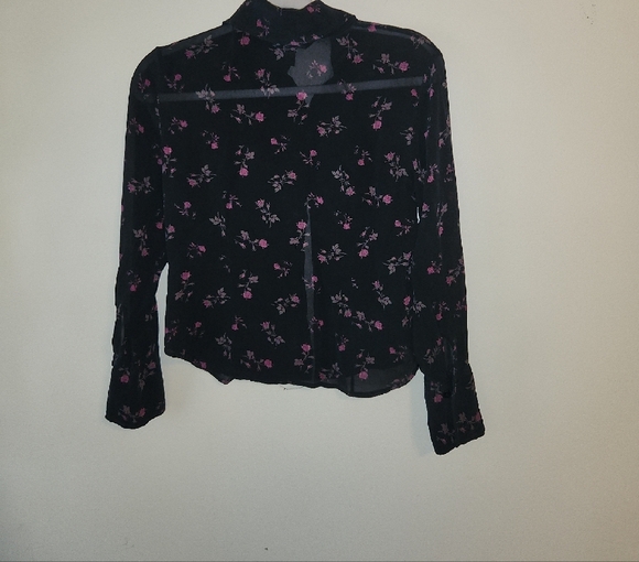 Express Women's Dark Button Down Silk with Pink Floral - Picture 2 of 3
